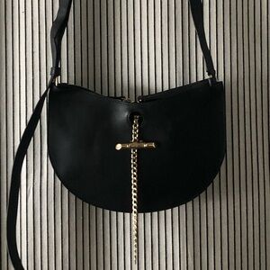 Black Women's Shanghai Tang Fortune Cookie Crossbody Bag with Gold Chain Accent